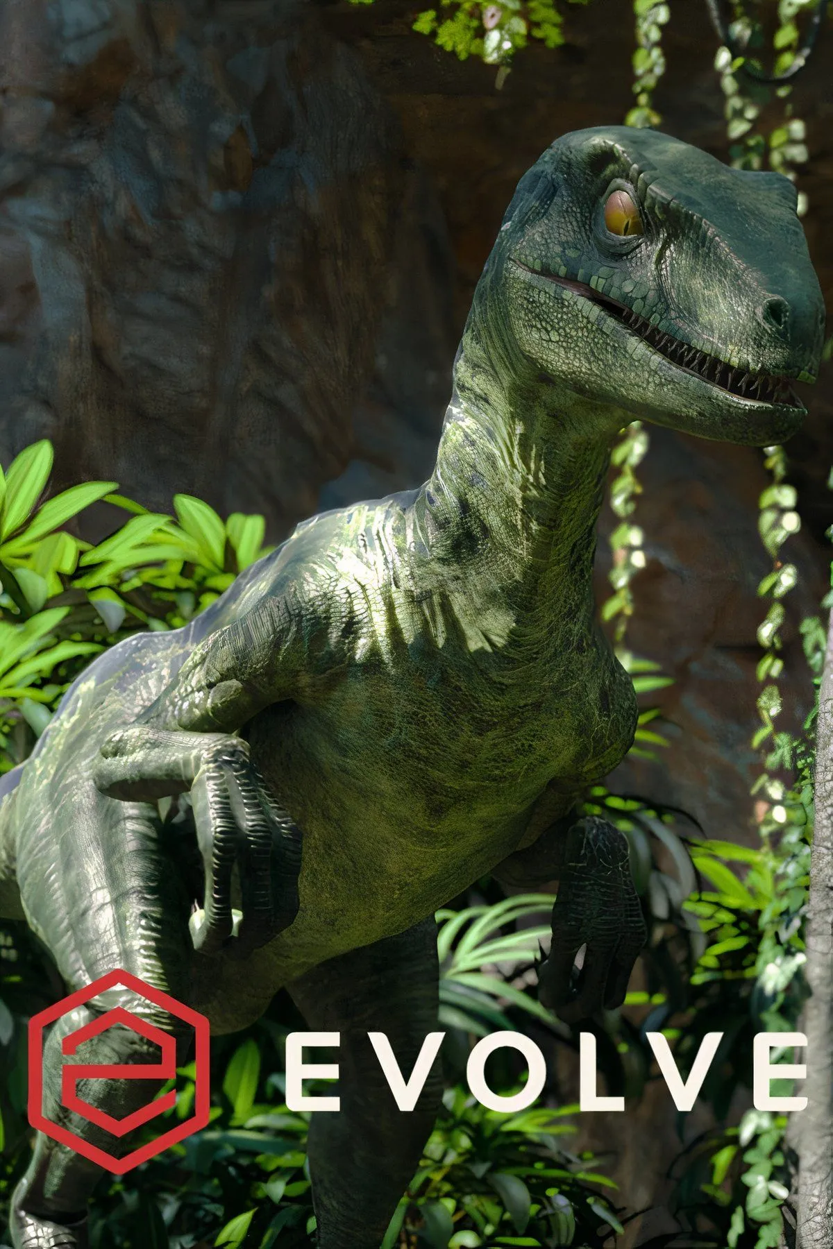 Bìa Evolve với hình ảnh quái vật và thợ săn trong game nhiều người chơi