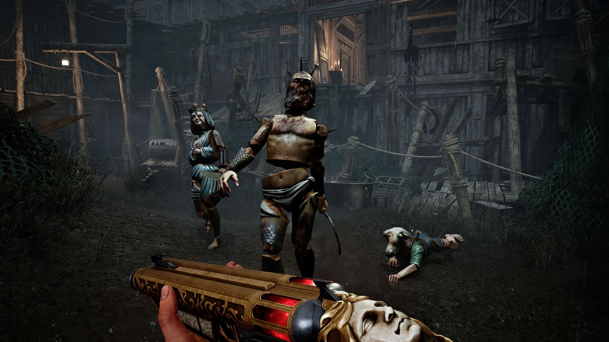 Cảnh kẻ địch hình rối gỗ tiến gần người chơi trong Crisol, không khí u ám của Hispania.