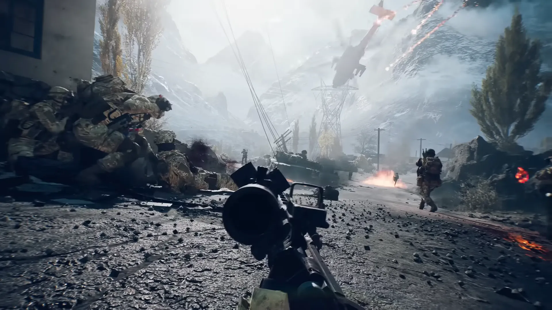 Cảnh Liberation Peak trong trailer Battlefield 6 - screenshot map Liberation Peak