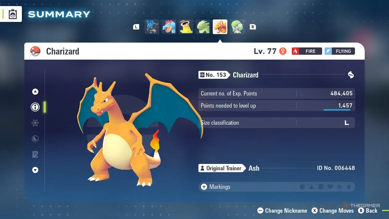 Charizard trong menu Pokemon Legends Z-A, phiên bản lửa và bay mạnh mẽ trong trận chiến