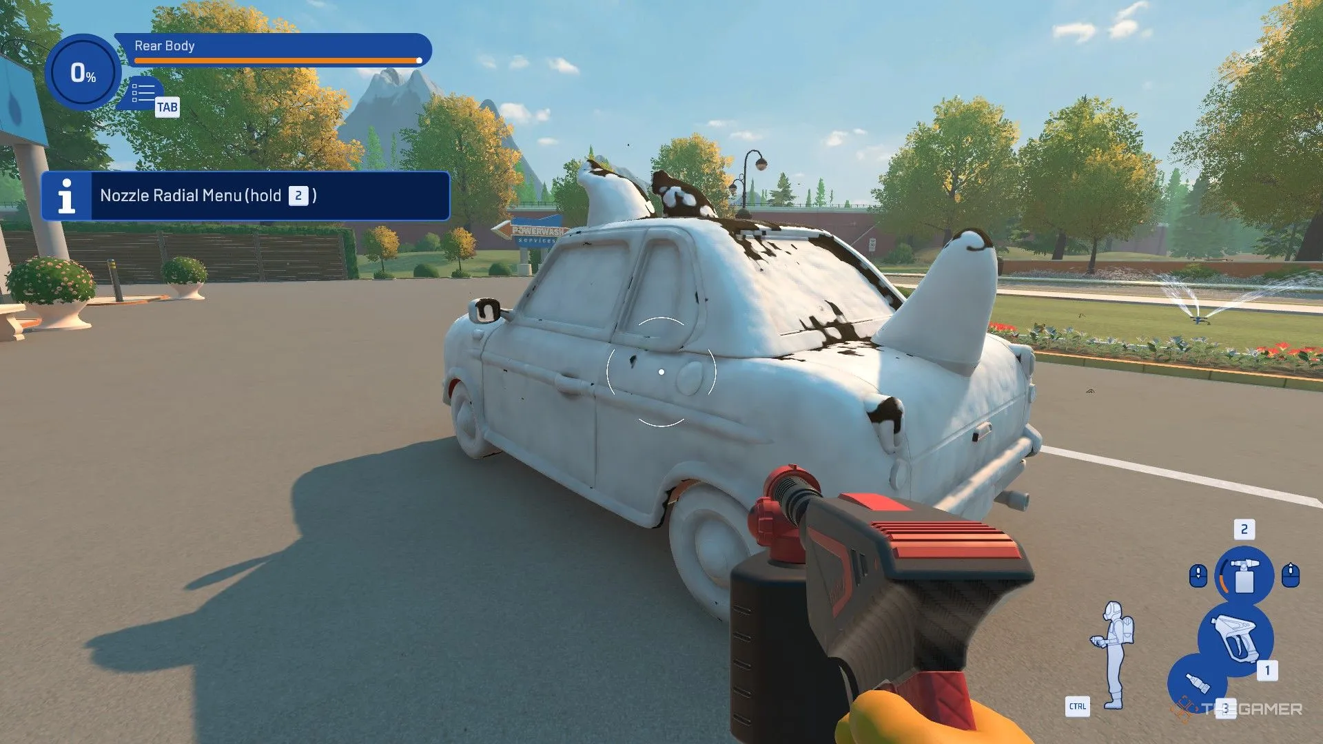 Chiếc ô tô họa tiết chú chó phủ bọt xà phòng trong PowerWash Simulator 2.