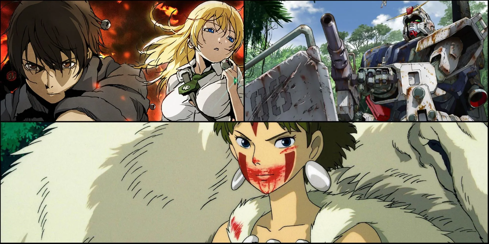 Collage các anime trường học và siêu nhiên: Btoom, Mobile Suit Gundam, Princess Mononoke