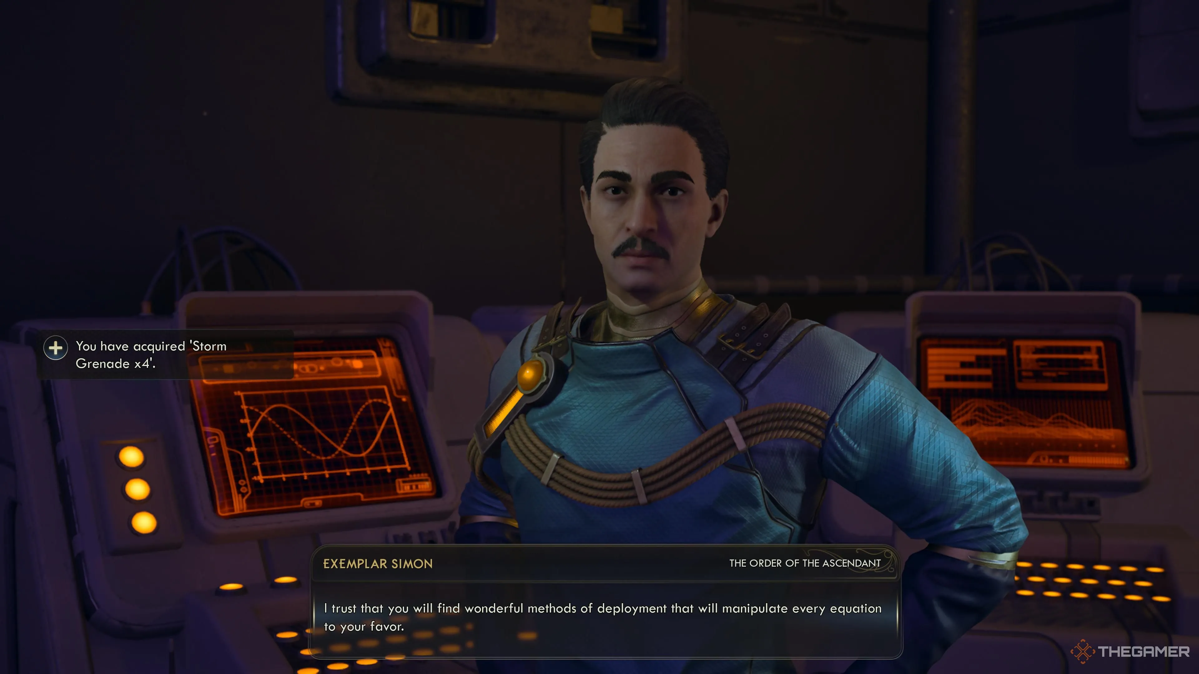 Exemplar Simon tặng Storm Grenade và công thức cho người chơi, The Outer Worlds 2