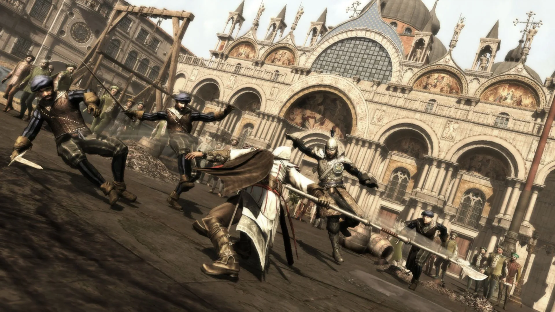 Ezio trong Assassin's Creed 2 quật rìu vào nhóm lính canh, minh hoạ combat dựa trên counter và thời điểm tấn công hợp lý