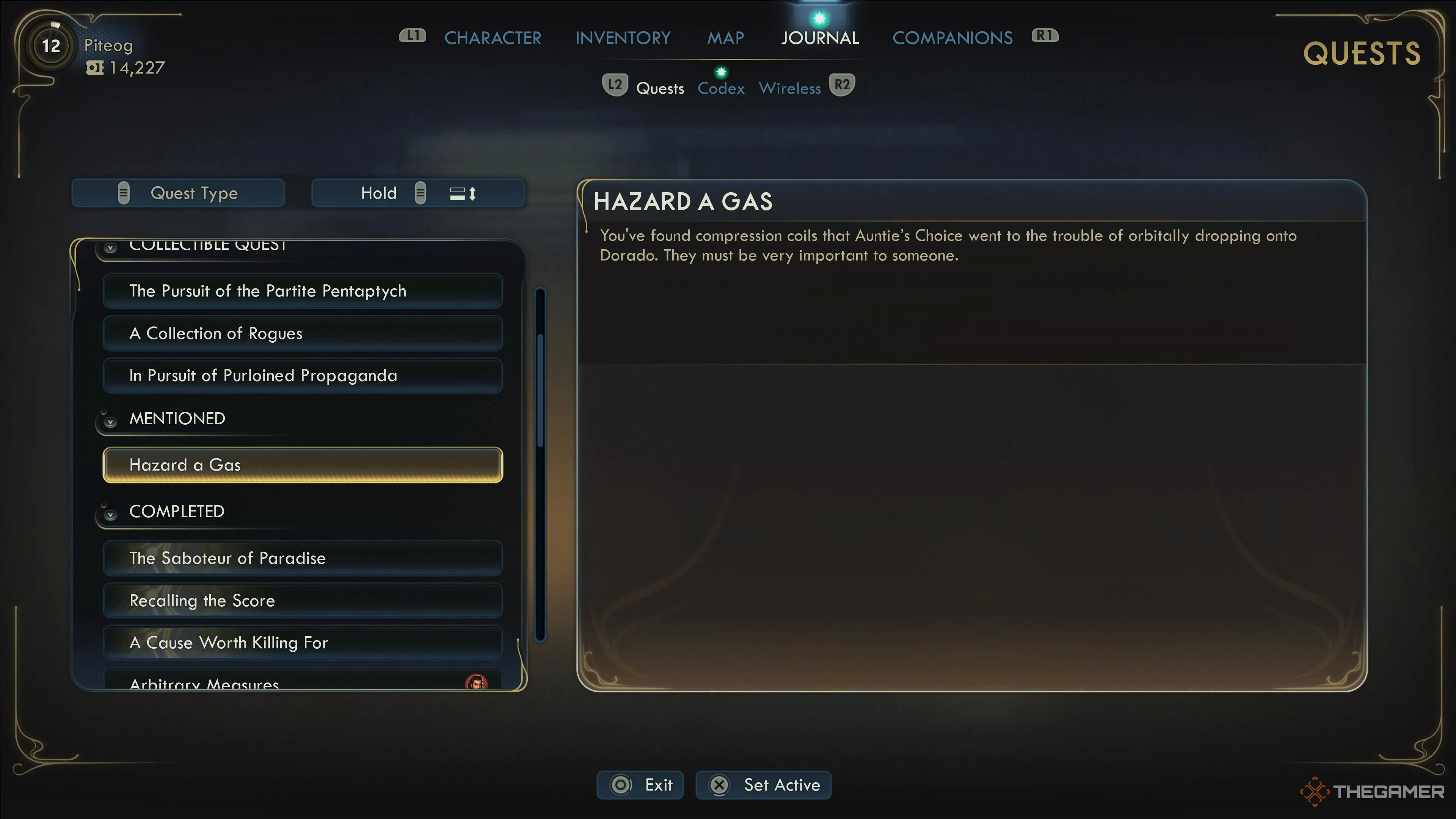 Ghi chép nhiệm vụ Hazard A Gas trong Journal của The Outer Worlds 2, hiển thị AutoDoc Compression Coil