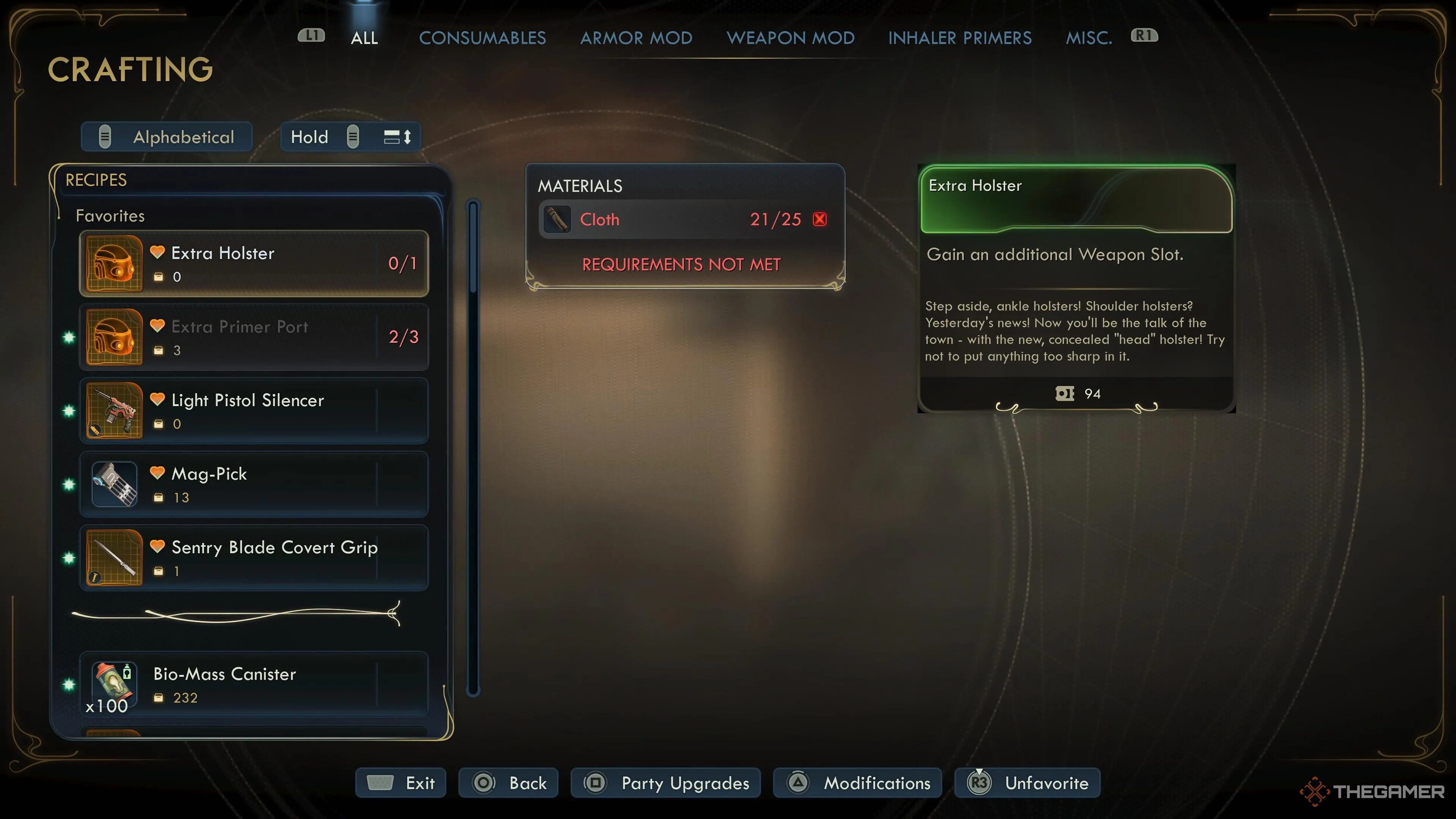 Giao diện chế tạo trong The Outer Worlds 2 hiển thị món cần nguyên liệu như Ferrochromium và Heartless Laphoria để tạo Sentry Blade Covert Grip.