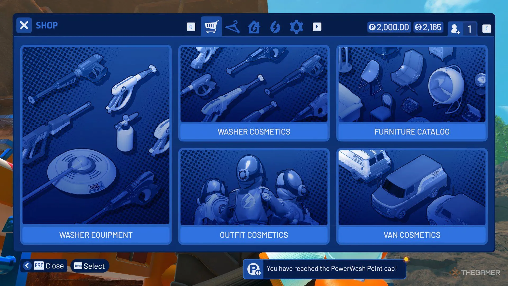 Giao diện menu PowerWash Simulator 2 với tùy chỉnh máy rửa và trang phục.
