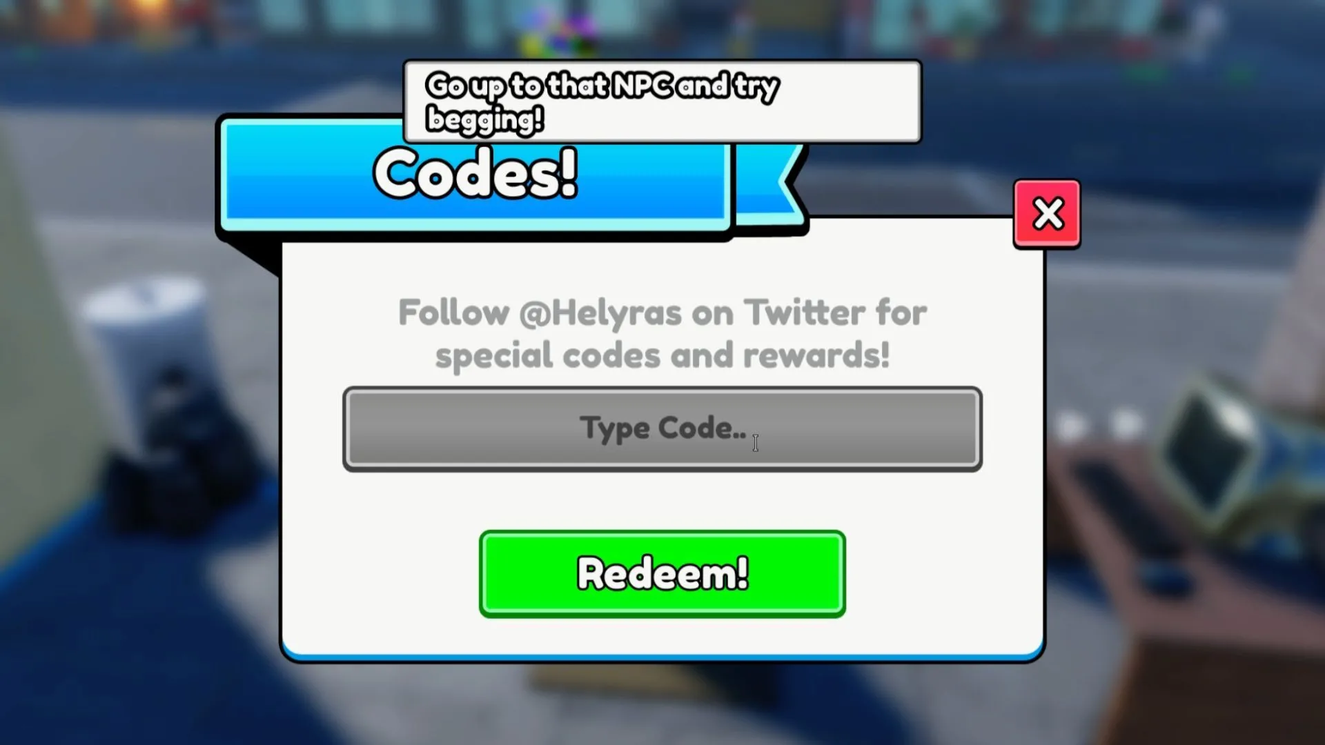 Giao diện tab Codes trong Be a Beggar trên Roblox