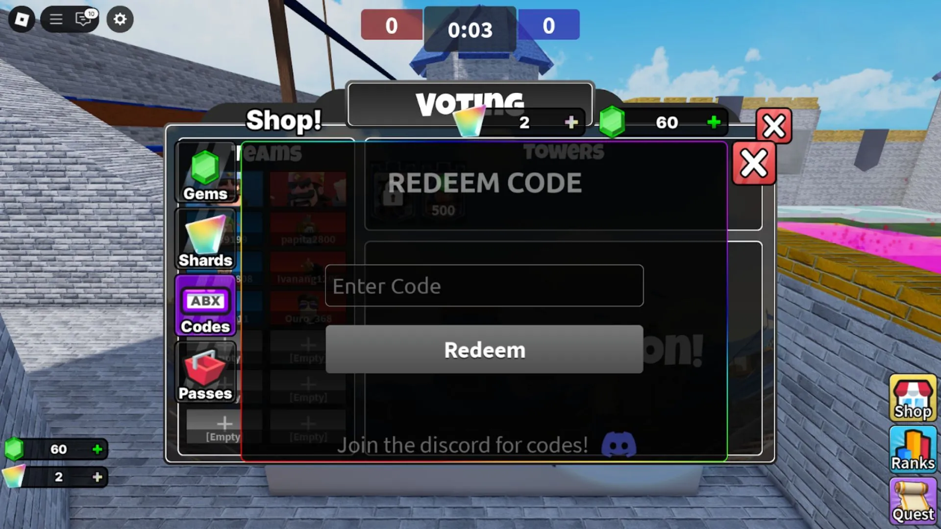 Giao diện tab Codes trong cửa hàng Clashers Royale để nhập mã khuyến mãi trên Roblox