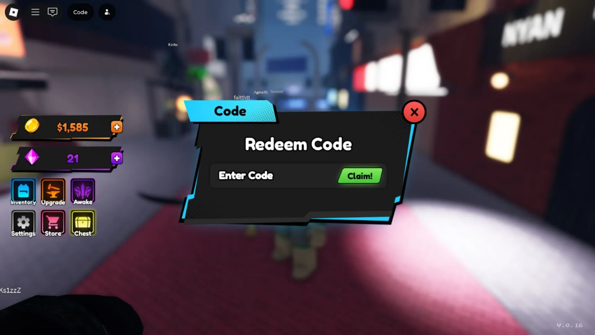 Giao diện tab đổi mã trong Blade X Zombies trên Roblox