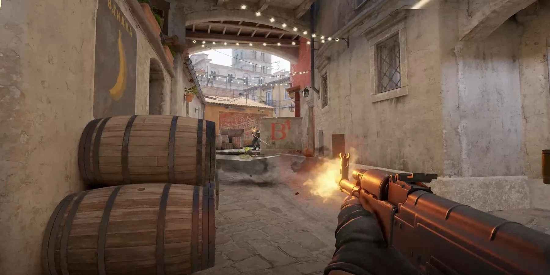 Góc nhìn người chơi trong Counter-Strike 2 đang nã súng qua tường