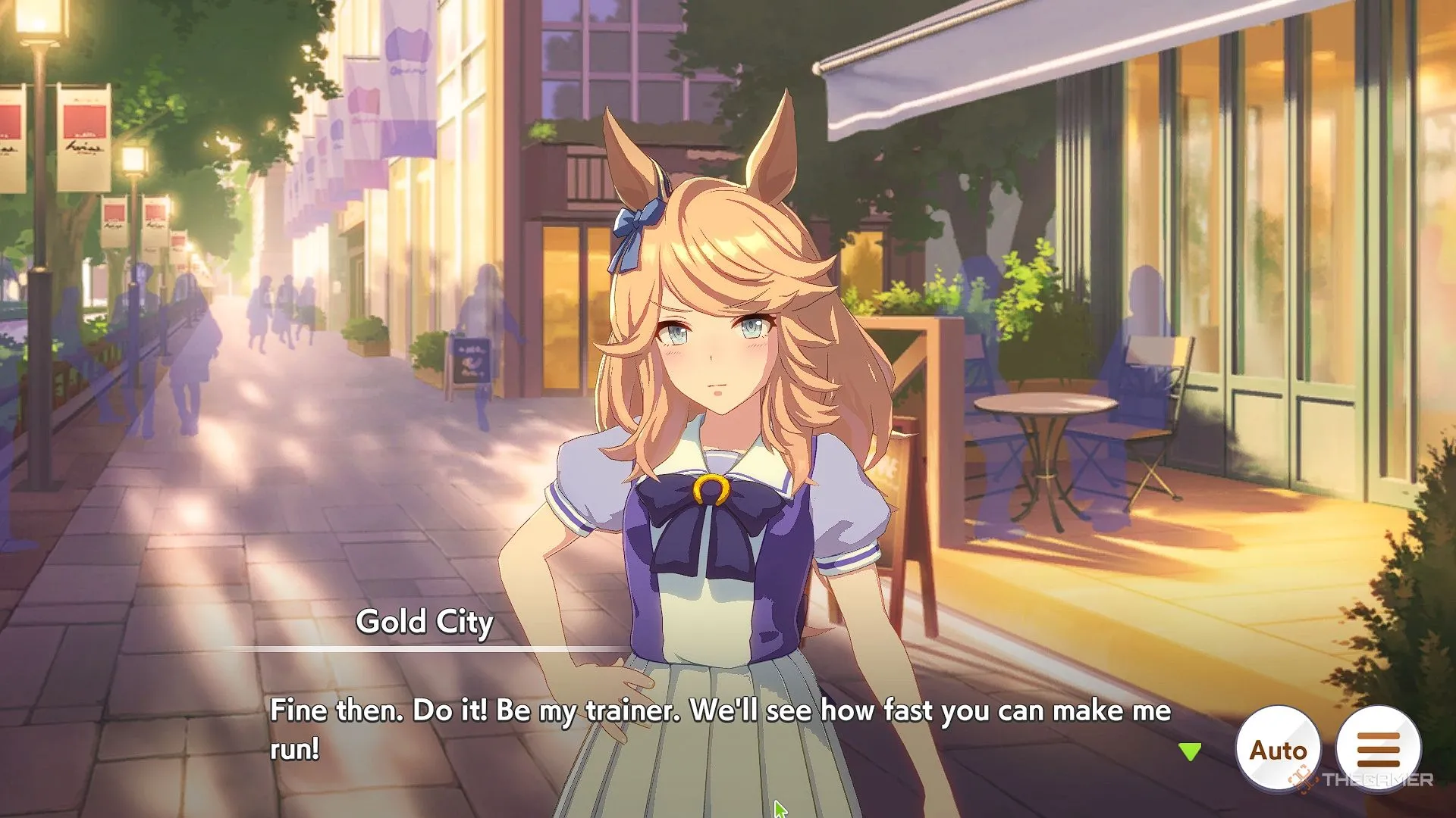 Gold City trong Umamusume: Pretty Derby ngẩng đầu gọi bạn làm huấn luyện viên