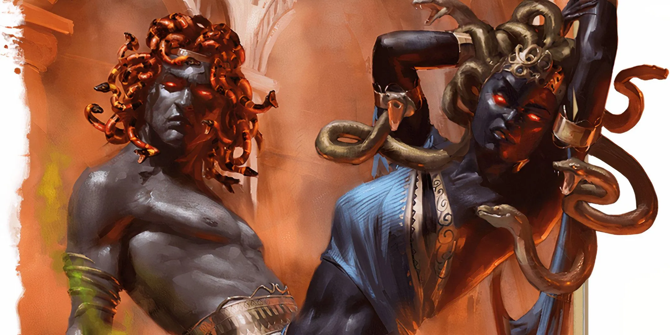 Hai Medusa với mái tóc rắn, tia nhìn hóa đá làm đông cứng những kẻ cả gan.