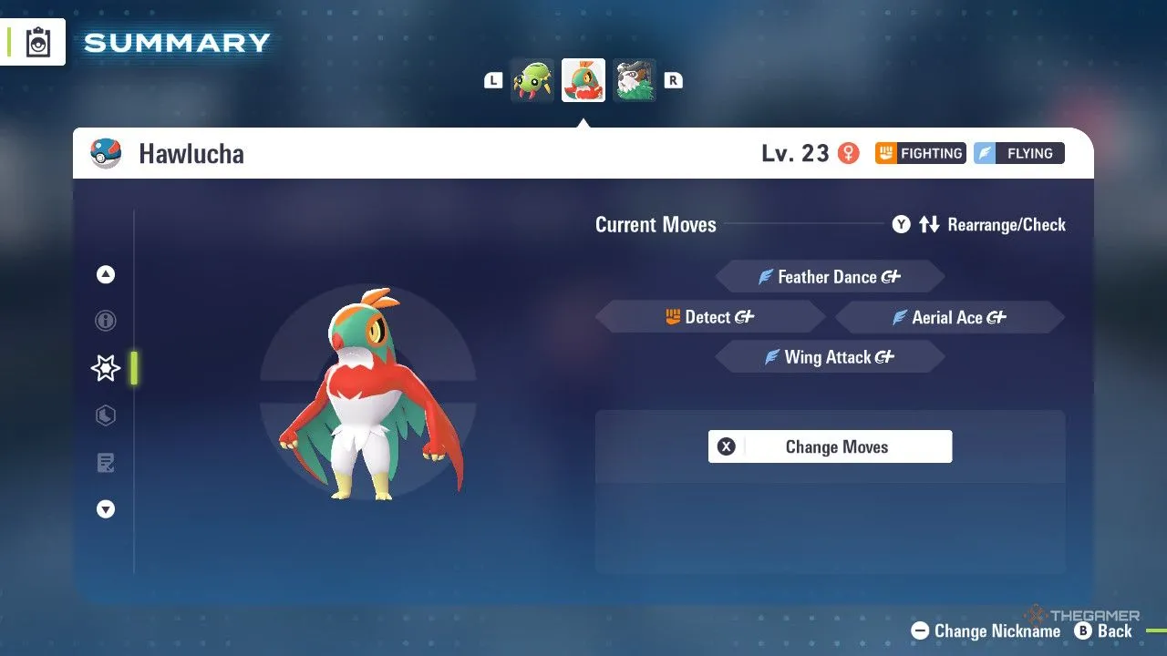 Hawlucha trong menu Pokemon Legends Z-A, dáng dấp như võ sĩ sẵn sàng nhảy lên tung cú đánh bay