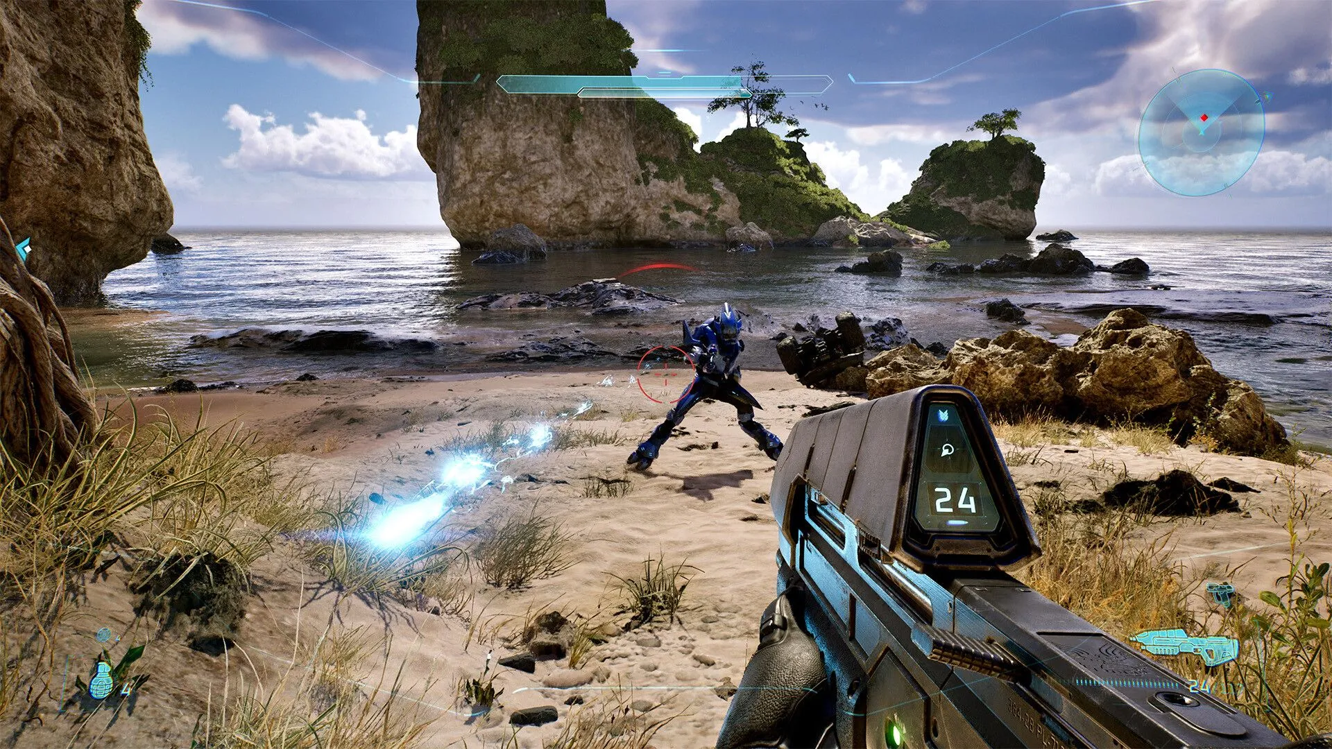 Hình ảnh gameplay Silent Cartographer trong Halo: Campaign Evolved, cho thấy góc nhìn người chơi và không gian chiến dịch rộng lớn
