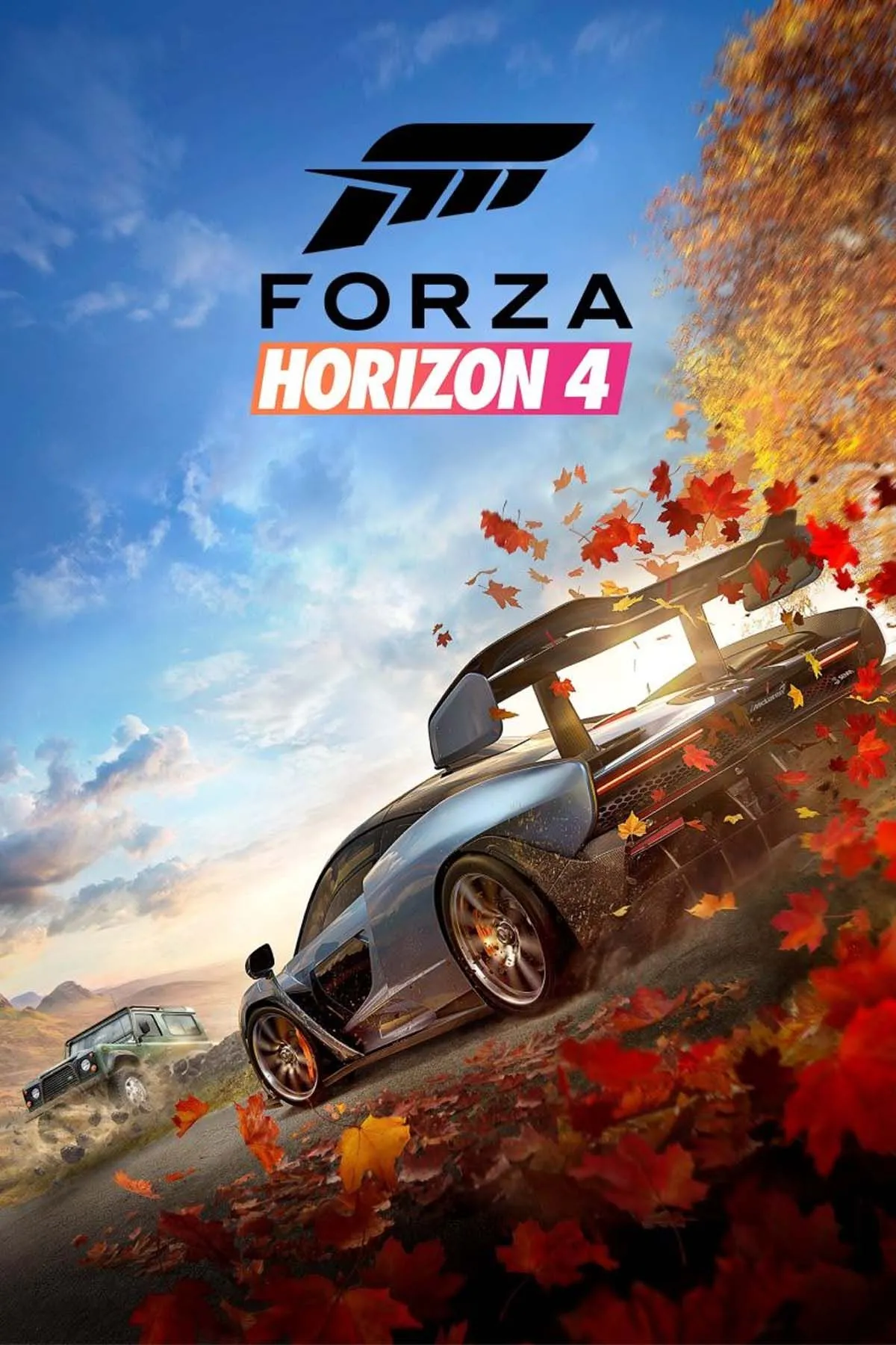 Hình bìa Forza Horizon 4 với cảnh lá phong thay đổi theo mùa trong vùng nông thôn