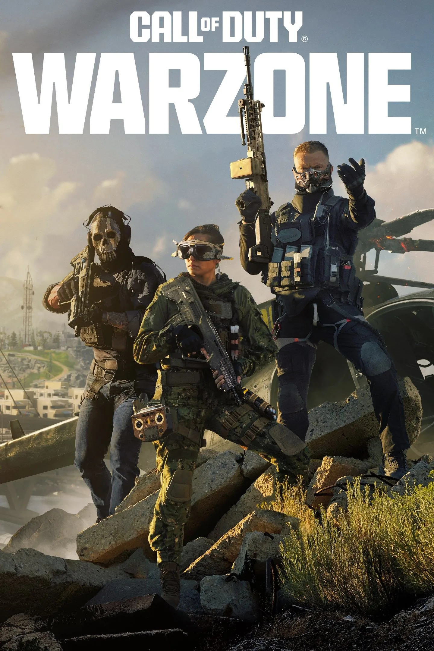 Hình chụp tổng quan Call of Duty: Warzone với logo và cảnh chiến trường đa dạng