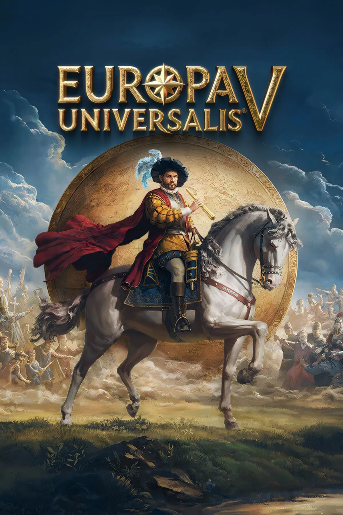 Hình cover Europa Universalis V với bản đồ thế giới và biểu tượng quân sự