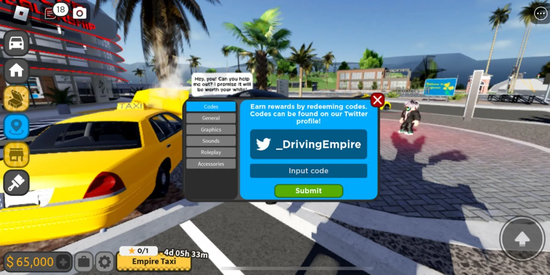 Hướng dẫn các bước đổi mã trong Driving Empire: Settings → Codes → Submit