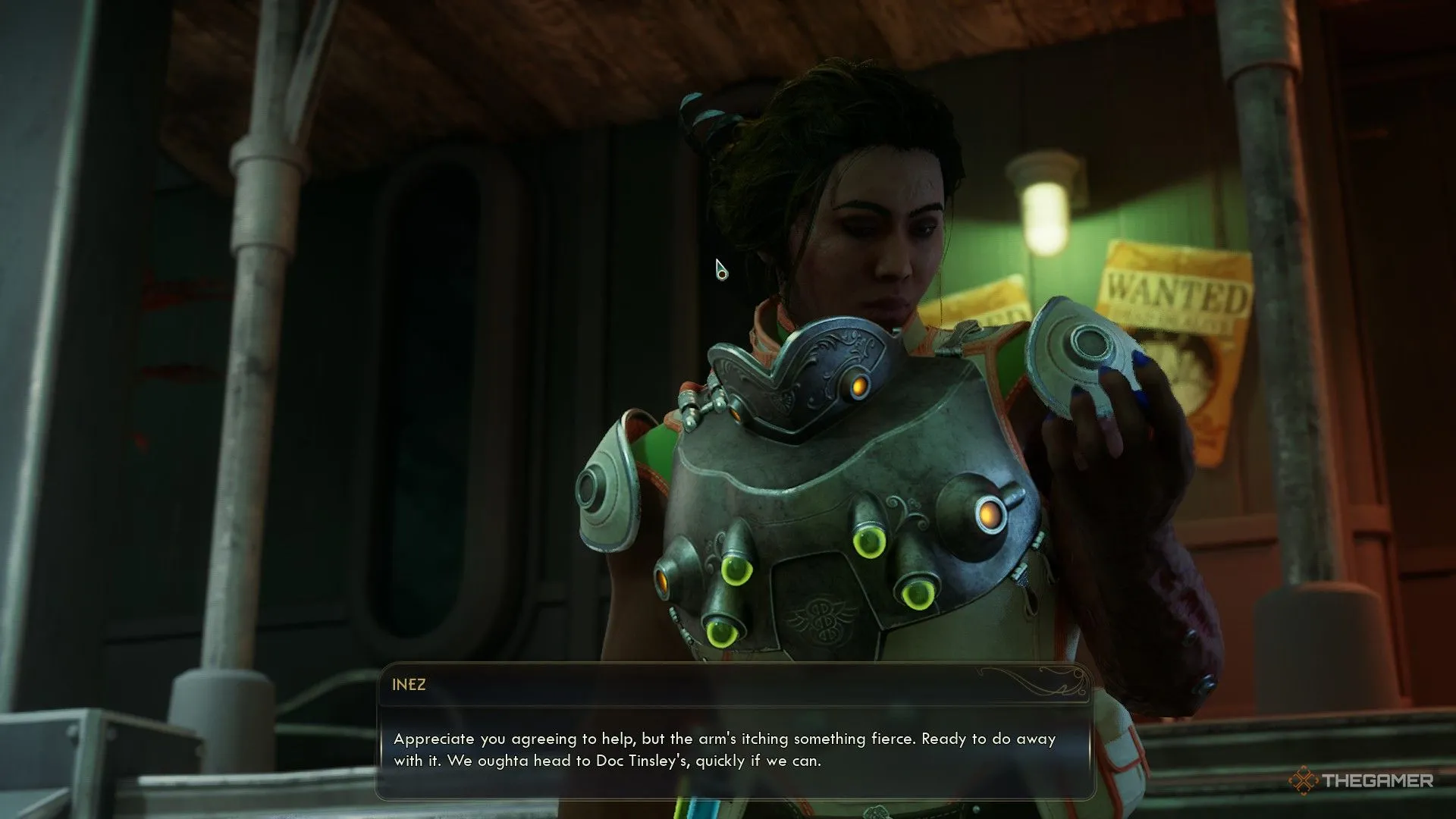 Inez xin giúp sửa cánh tay cấy ghép trên Paradise Island trong The Outer Worlds 2