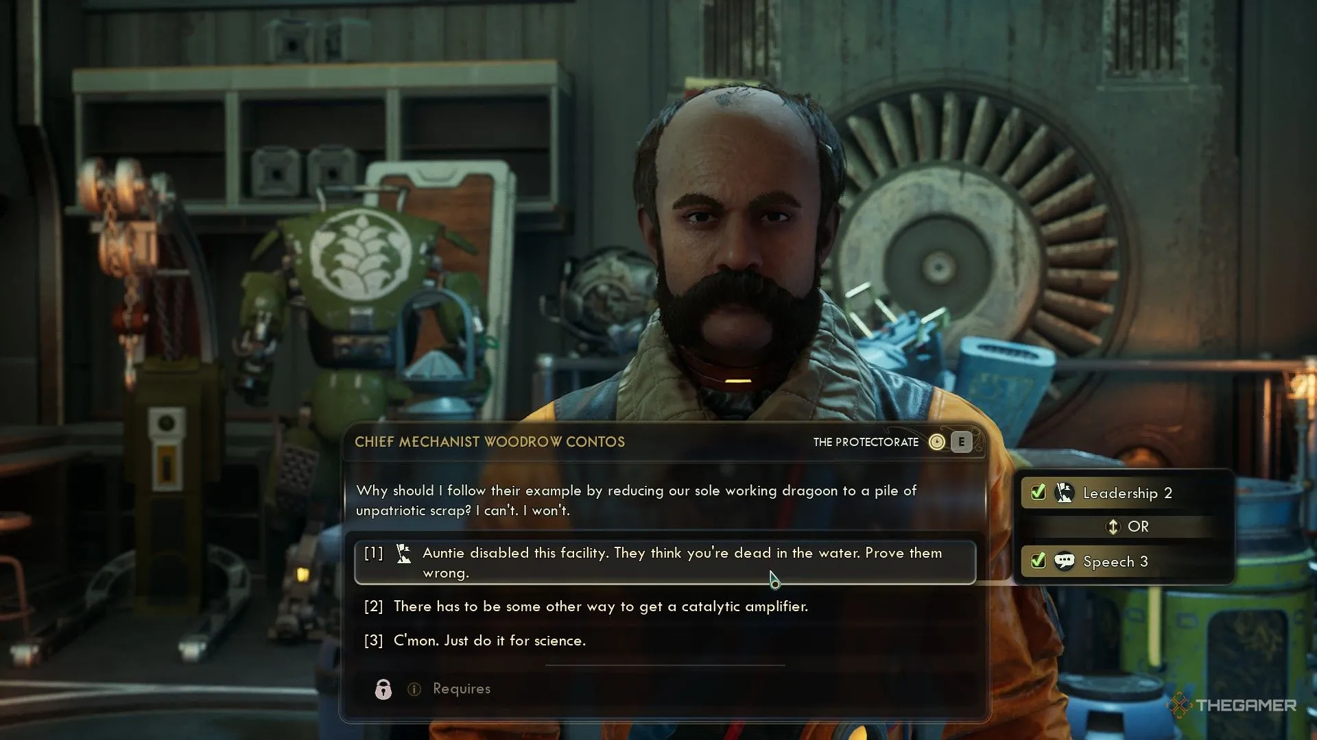 Lựa chọn hội thoại yêu cầu kiểm tra kỹ năng Leadership hoặc Speech trong The Outer Worlds 2