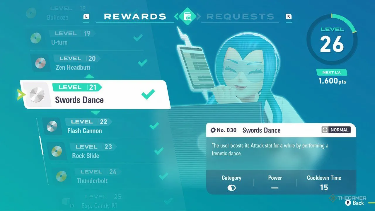Mable's Research reward level 21 — TM Swords Dance, hữu ích cho boost Attack trong trận real-time