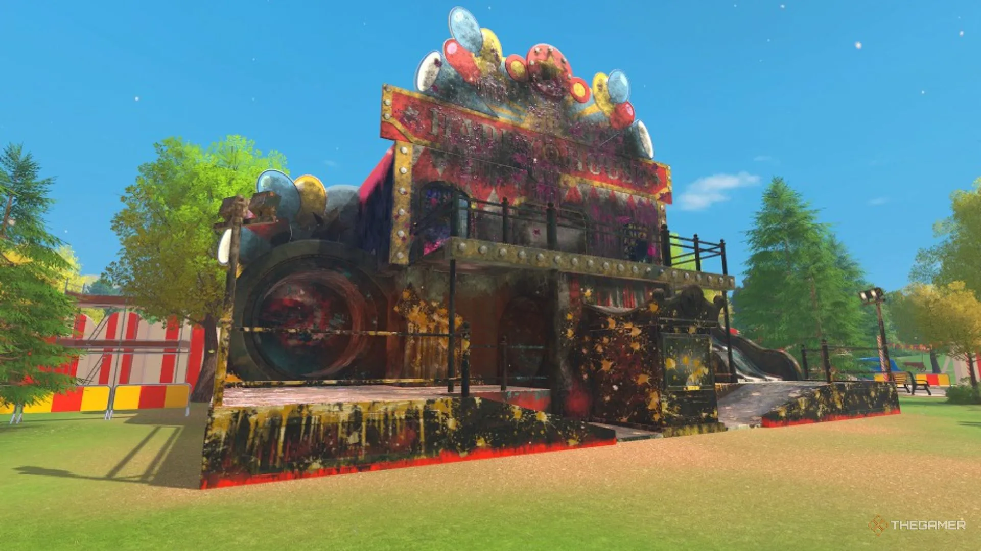 Mặt tiền Fun House phủ bụi bẩn trong PowerWash Simulator 2
