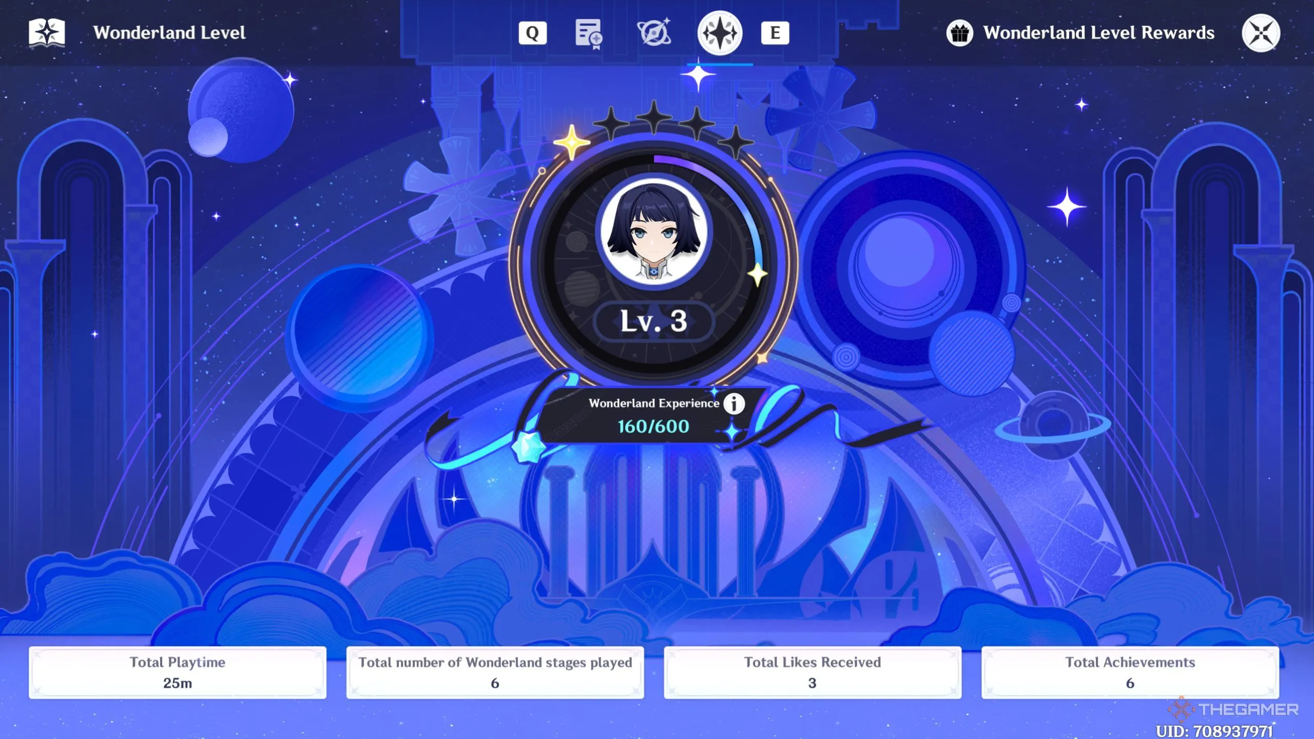 Minh họa màn hình hiển thị mức Wonderland level và phần thưởng EXP.
