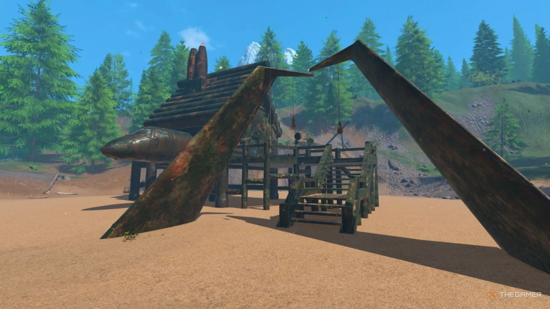 Ngôi nhà gỗ nâng cao tích hợp mảnh máy bay giữa rừng trong PowerWash Simulator 2