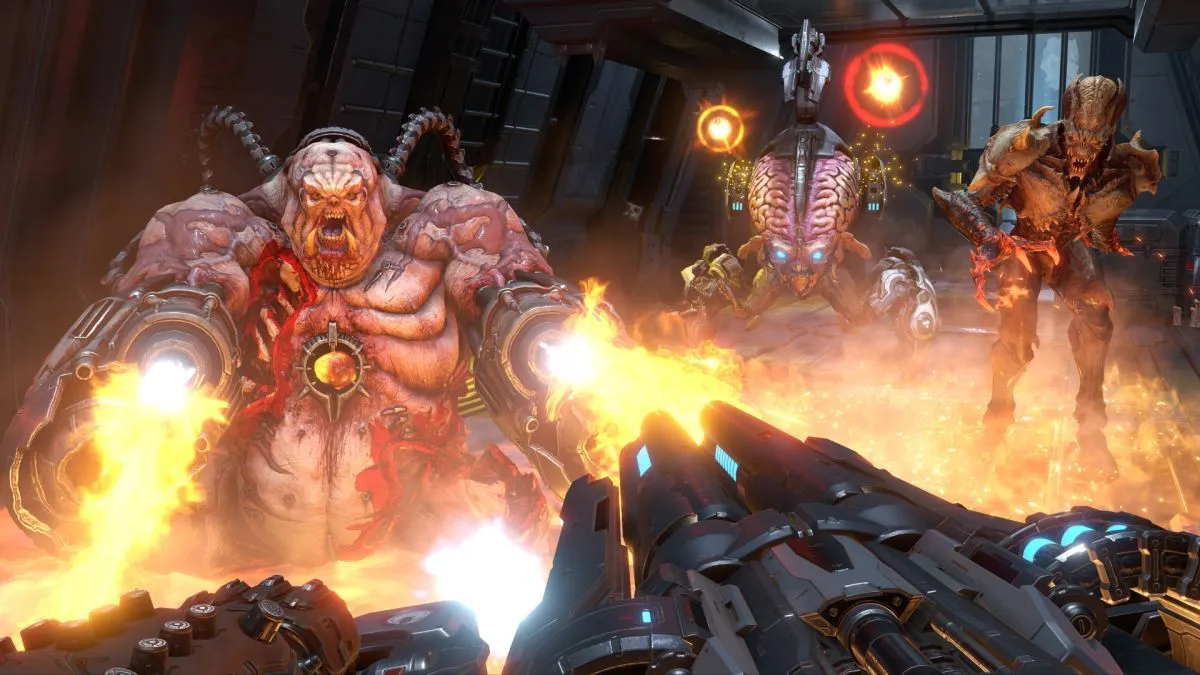 Người chơi bắn nhiều kẻ thù trong Doom Eternal, khung cảnh hành động nhanh nhẹn kết hợp âm nhạc dồn dập