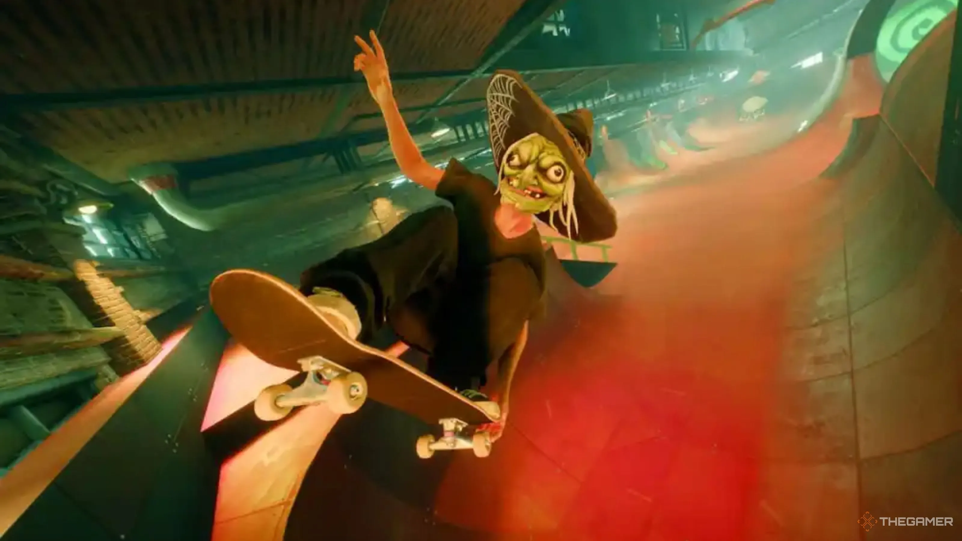 Nhân vật trong Skate hóa trang dịu dàng thành phù thủy, đứng trong bối cảnh Halloween