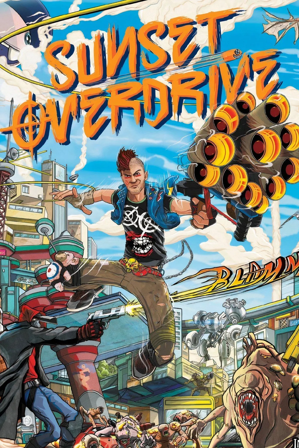 Nhân vật trong Sunset Overdrive bay qua thanh pho, grind tren day dien va bounce tu xe hoi