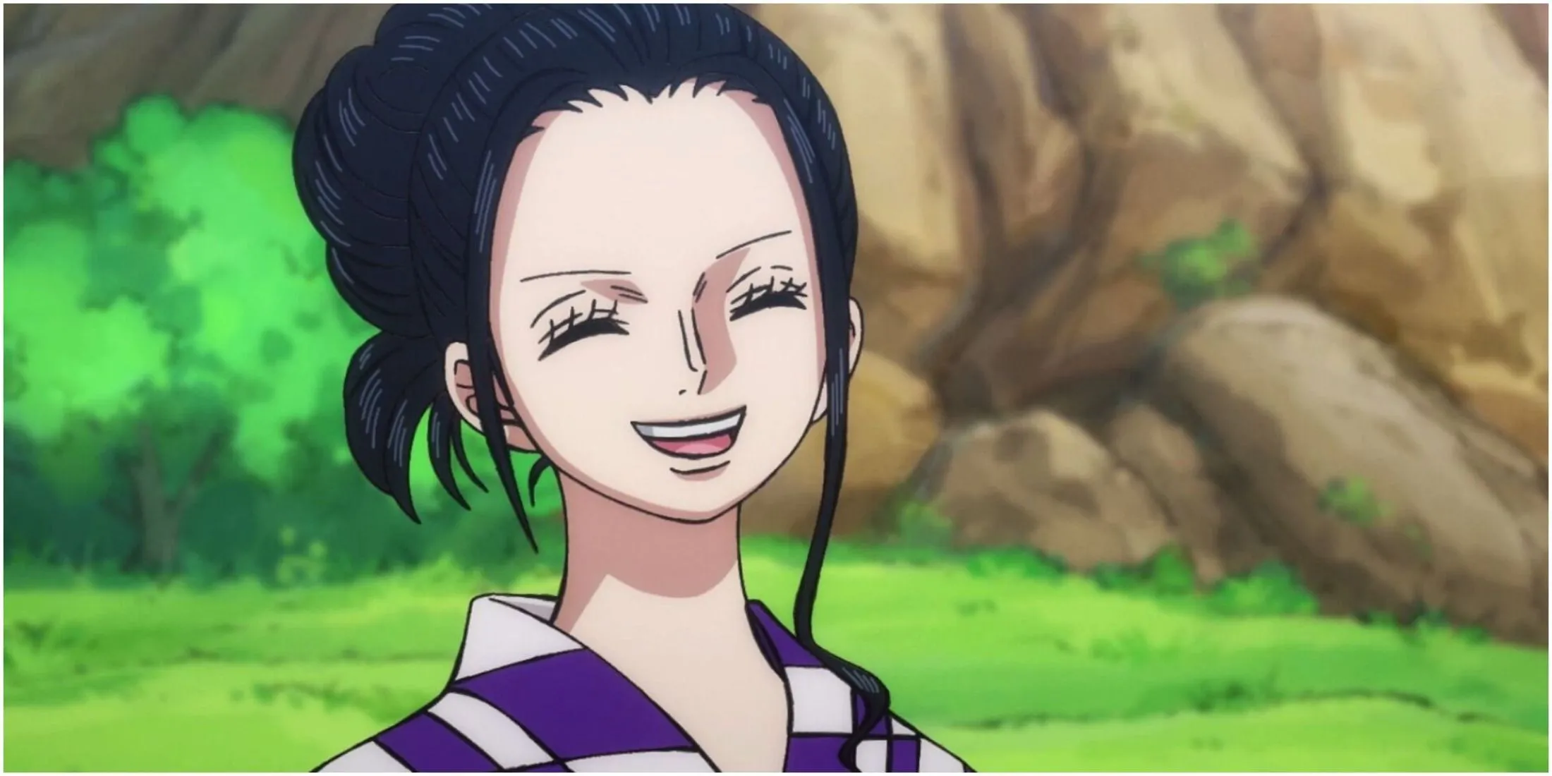 Nico Robin cười cùng đồng đội Straw Hat tại Elbaf, thể hiện sự nhẹ nhàng nhưng kiên cường