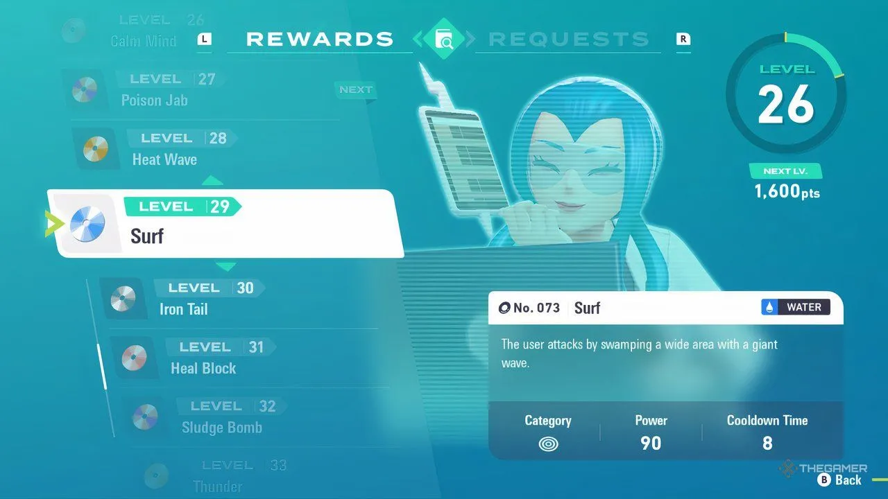 Phần thưởng Mable Research level 29 dùng cho TM Surf trong Pokemon Legends: Z-A