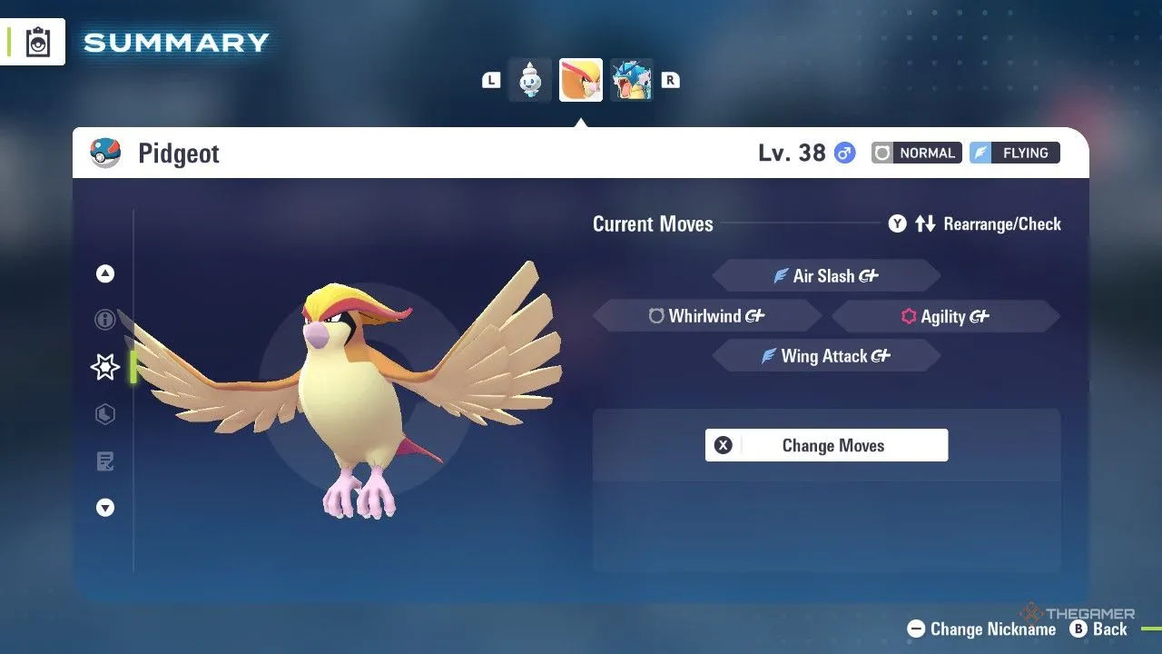 Pidgeot trong menu Pokemon Legends Z-A, tư thế tự tin với nhiều lựa chọn chiêu thức Flying