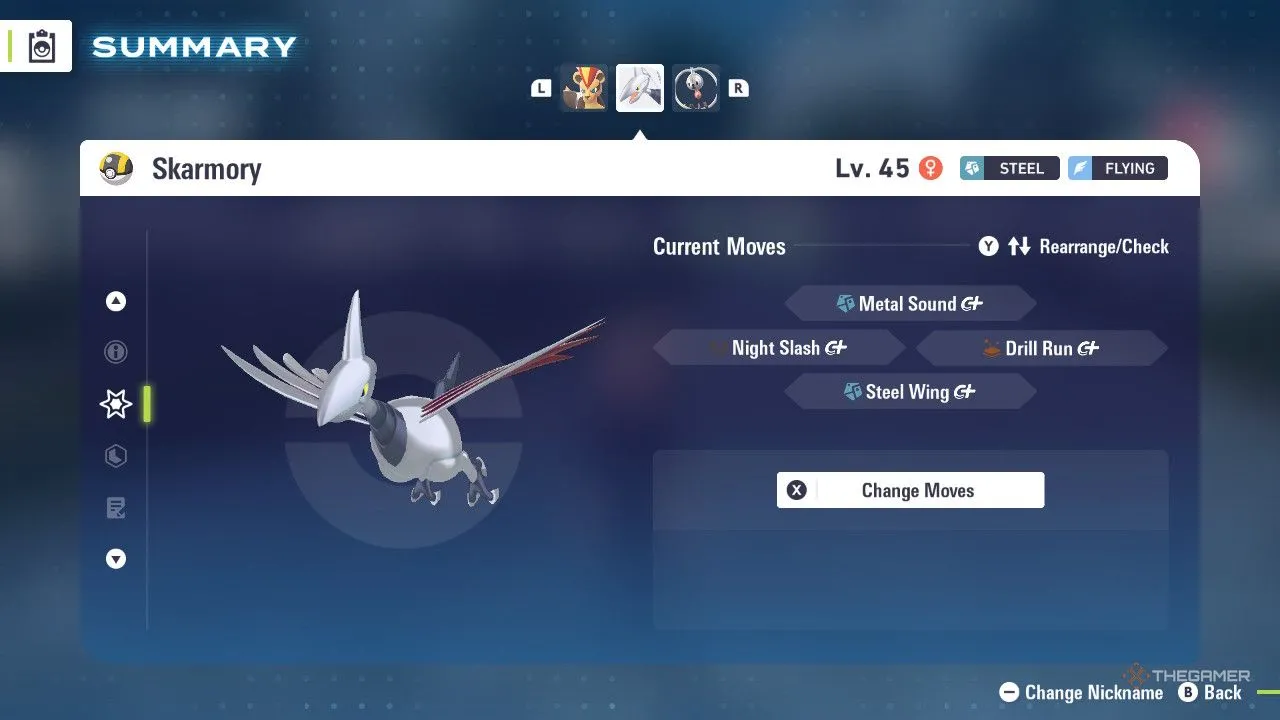 Skarmory trong menu Pokemon Legends Z-A, hình dáng kim loại chắc chắn phù hợp vai trò phòng ngự