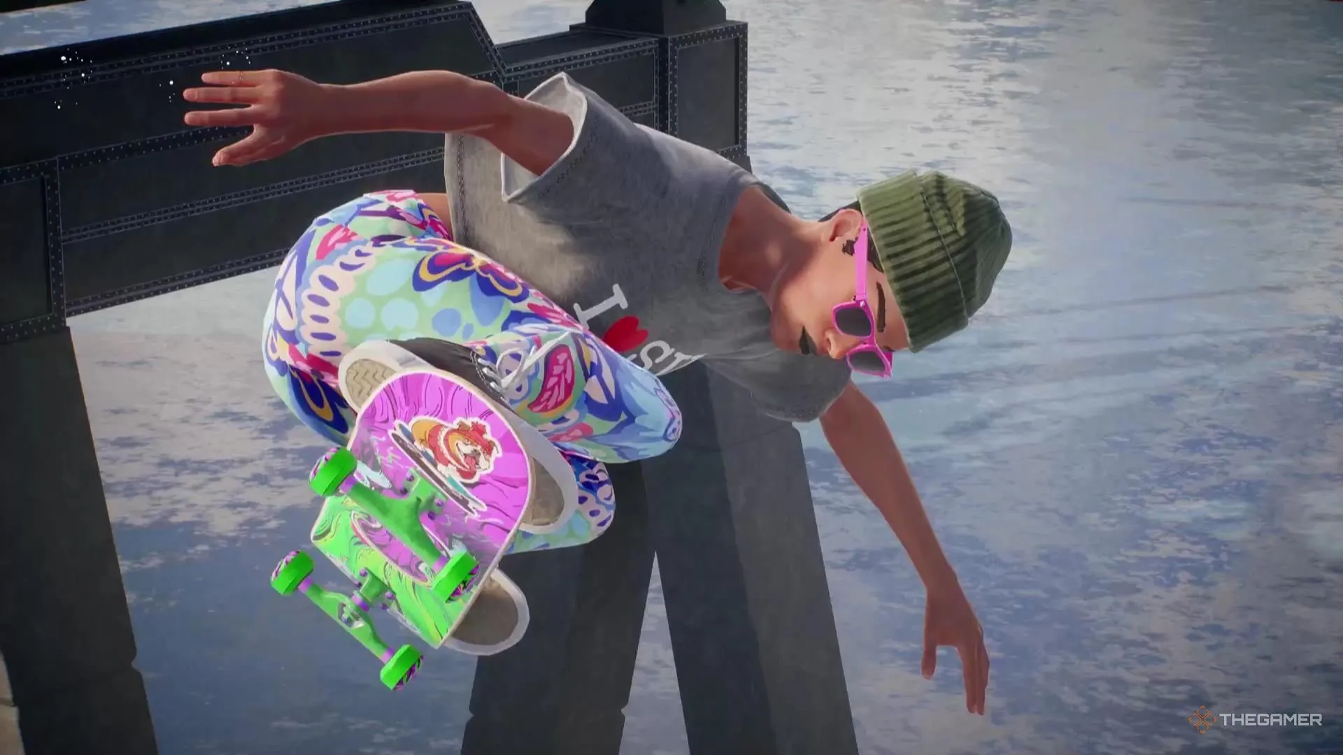 Skater mặc quần màu sắc và kính râm hồng thực hiện trick trên mặt nước trong Skate