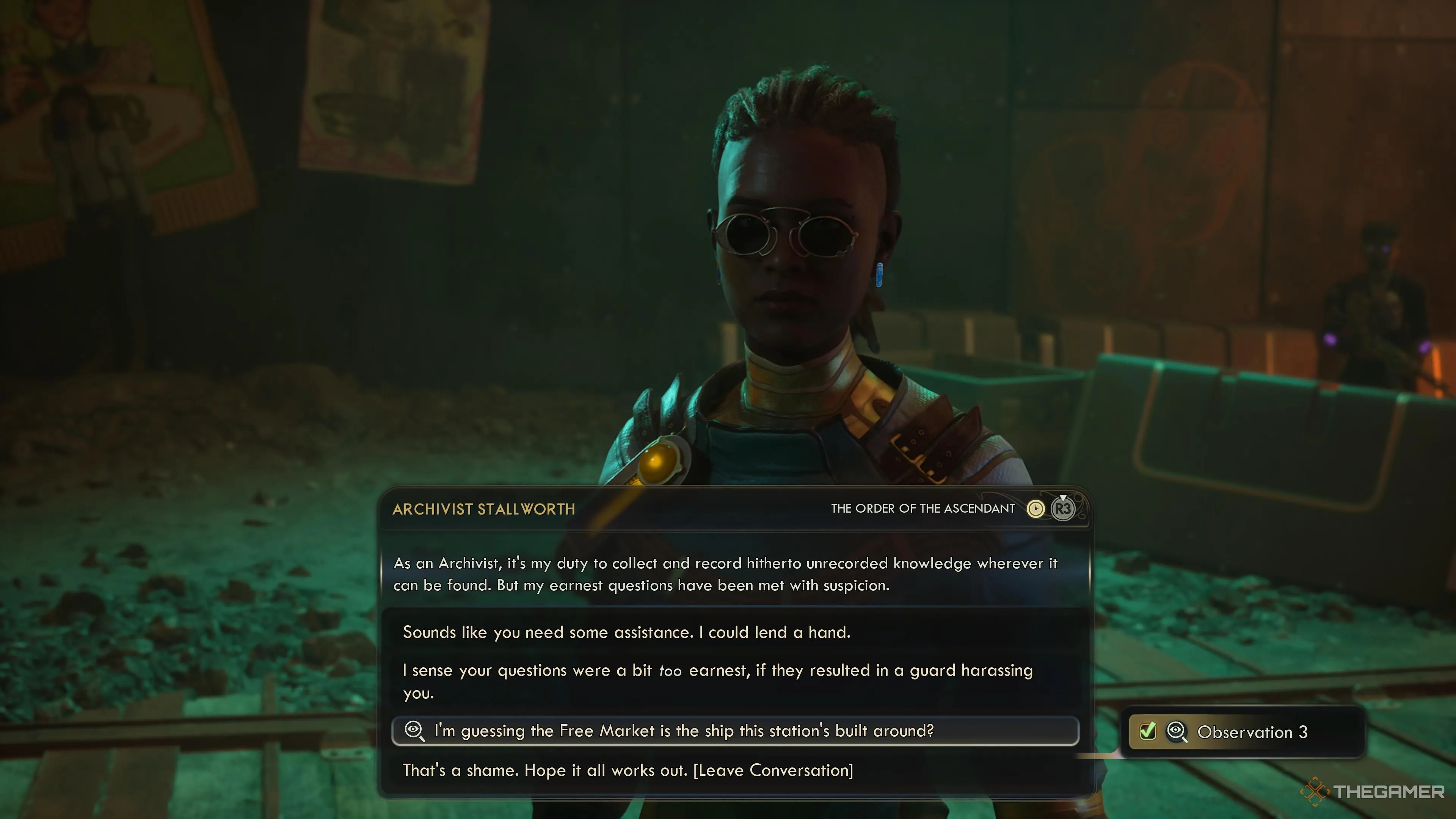 Stallworth trò chuyện với bảo vệ Seybold tại ACS Free Market trong The Outer Worlds 2