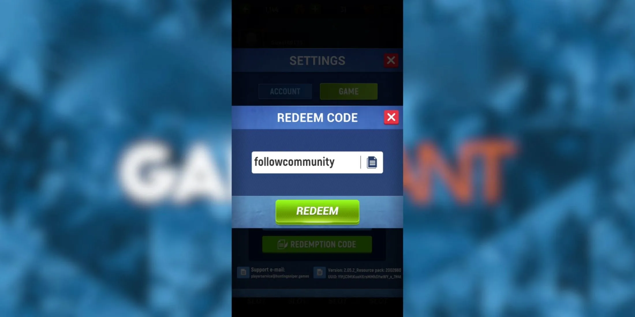 Tab nhập mã trong Hunting Sniper trên mobile, minh họa vị trí Settings và Redeem Code