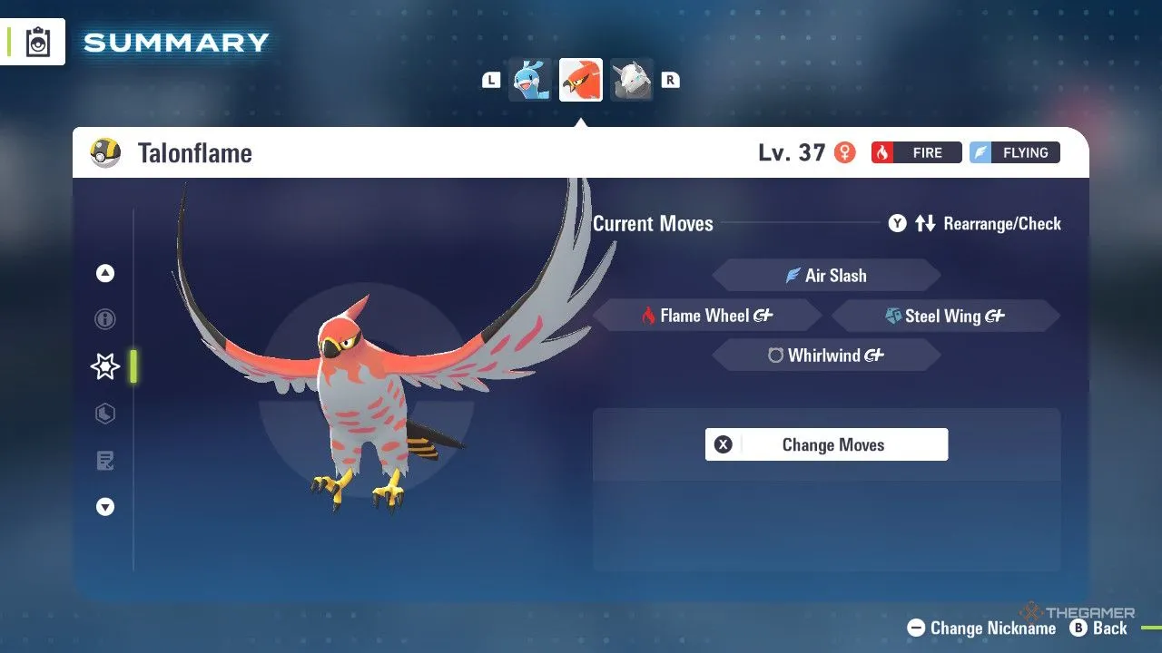 Talonflame trong menu Pokemon Legends Z-A, tư thế vút bay thể hiện tốc độ và sức tấn công