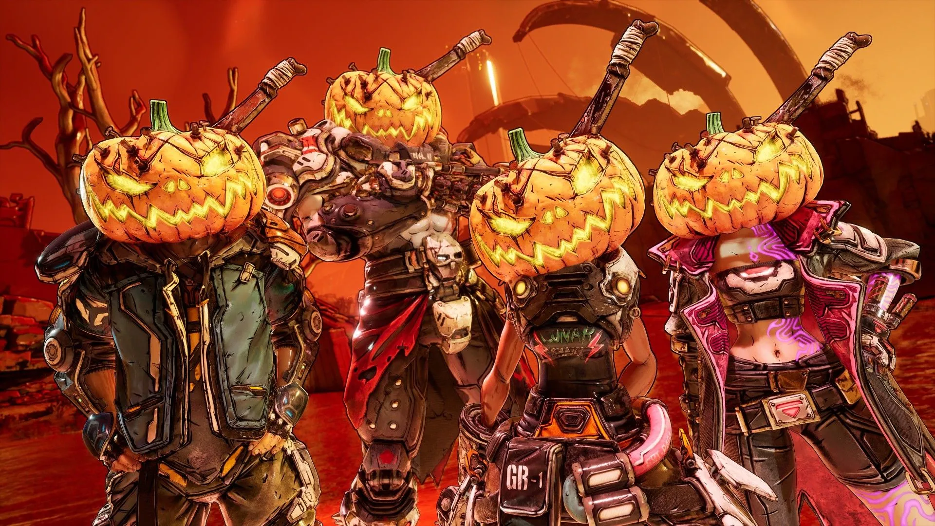 Trang phục đầu bí ngô cho 4 Vault Hunters trong sự kiện Horrors of Kairos của Borderlands 4, món đồ cosmetic mùa Halloween