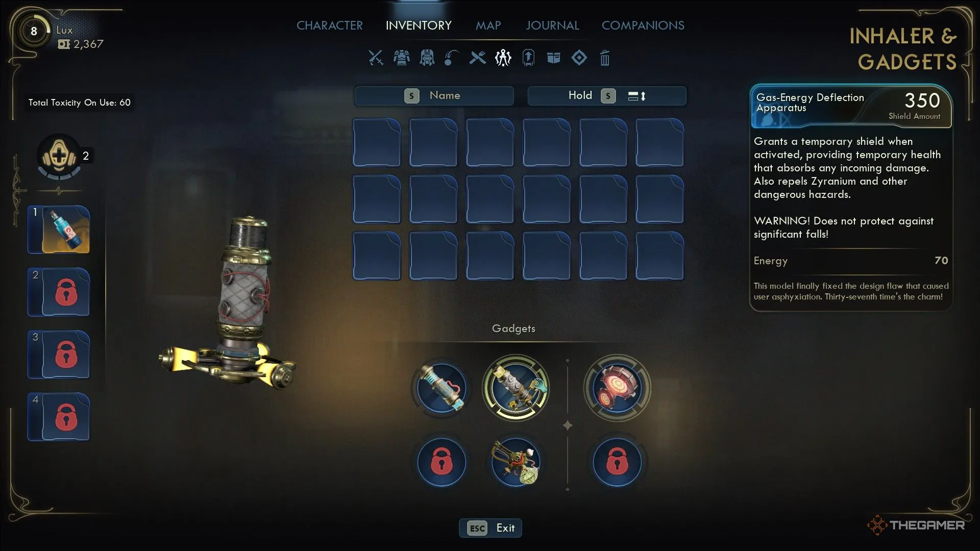 Xem các Gadget và thiết bị trong menu hành trang của The Outer Worlds 2 — Gas-Energy Deflection Apparatus giúp bảo hộ khỏi Zyranium
